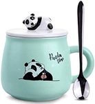 OANGO Ceramic Mug Panda Printed Mug with Lid and Spoon for Coffee and Tea Cup 350ml - 1 Piece, White Cup, 350 ml (Green Panda)