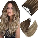 Sunny Hair Ombre Tape in Hair Extensions Human Hair Ombre Hair Tape in Extensions Dark Brown Ombre Golden Blonde Mixed Platinum Blonde Balayage Tape in Hair Extensions Ombre 20pcs 25g 18inch