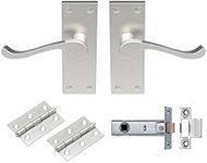 Carlisle Brass - Victorian Scroll Lever Latch Door Handles, 64mm Mortice Tubular Latch and Hinges Set for Internal Doors (Satin Nickel)