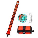 Scuba Surface Marker Buoy (SMB) Set, 5ft High Visibility Reflective Band Open Bottom Safety Sausage with 100ft Alloy Finger Spool Dive Reel and Double-ended Snap Hook Fits Underwater Activities Orange