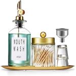 Glass Mouthwash Dispenser for Bathroom with Cups, Style Mouthwash Container Bottle with Qtip Holder,Glass Bottle 11.8oz Refillable Mouthwash Dispenser with Tray Funnel, Golden