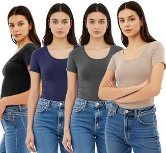 Emmalise Women's Short Sleeve Tshirt Scoop Neck Tee Value Set (4Pk, Beige, Tr NVY, CHRCL, Blk, 2XL)
