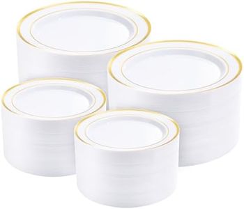 BESTVIP 400PCS Gold Plastic Plates, White with Gold Rim Disposable Plates
