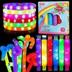 Adlon Flashing LED Flashing Pop Tube Fidget 12 Pcs Toy Fun Pull and Pop Tubes Sensory Tubes for Kids Adults Stretch and Bend ADHD Autism Anxiety Stress Relief Toys Great Gift Party Prizes (12 PCS, Pop Tube With LED)