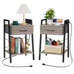 Grey End Tables Living Room Set of 2, Bedside Table with Charging Station, Farmhouse Night Stand with Fabric Drawers for Bedroom, Small Side Table for Small Spaces