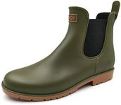 Amoji Unisex Chelsea Rain Boots Waterproof Ankle Boots Anti-slip Elastic Garden Shoes Short Booties Rainy Footwear Lady Girl Olive Size 10 Women/8.5 Men