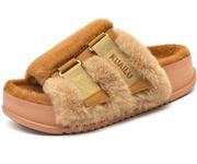 KuaiLu Womens Fuzz Platform Open Toe Slipper Size 6 with Comfort Arch Support Furry Sliders Orthotic Faux Fur Sandal Ajustable House Slippers Inside Outside Camel