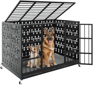 LEMBERI 48/42 inch Indestructible Heavy Duty Dog Crate with Cushion, High Anxiety Extra Large Dog Cage for Large Dogs, XL Steel Escape Proof Dog Kennel with Locking Wheels