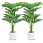 Set of 2 Large Fake Plants 28" Tall Artificial Monstera Deliciosa in Pot for Home Office Decor