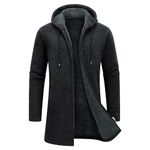 KUDORO Mens Knitted Cardigan Thick Hooded Sweater Jumper Full Front Zipper Warmth Winter Fleece Coat Long Sleeve Mid-Length Causal Sweaters for Men Dark Grey