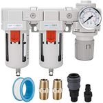 NANPU 1/2" NPT Air Drying System - Double Air Filters (5 Micron Brass Element), Air Pressure Regulator Combo - Semi-Auto Drain, Poly Bowl w/Metal Gauge