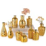 NUPTIO Bud Vases Bulk Gold: 10 Pcs Glass Small Vase Set for Flowers - Mini Vintage Flower Bottle Single Assorted Vases for Wedding Centerpieces