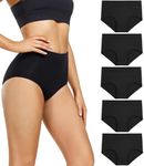 wirarpa Women's Cotton Underwear High Waist Briefs Full Coverage Panties Ladies Comfortable Underpants 5 Pack Black Large