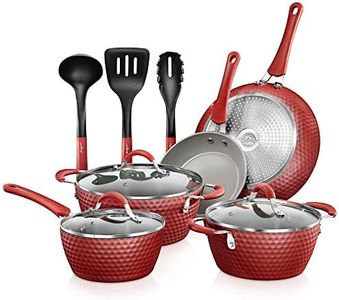 NutriChef Non-Stick Kitchenware Pots & Pans-11 Pcs. Stylish Kitchen Cookware Set w/Elegant Diamond Pattern, Gray Inside & Red Outside, Metal, Silicone Handle, PTFE/PFOA/PFOS Free, Red