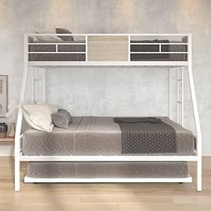 Olela Twin Over Full Metal Bunk Beds with Trundle Bed,Heavy Duty Metal Bed Frame with Safety Rail 2 Side Ladders for Boys Girls Adults,No Box Spring Needed (White Frame)