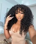 Jerry Curly Human Hair Wigs With Bangs Virgin Human Hair Glueless Wig Scalp Base Top Full Machine Made Wig For Black Women Brazilian Curly Wigs Natural Color 16 Inch