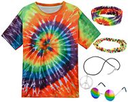 Hippie Costume for Men Momen 60s 70s Colorful T-Shirt 5 PCS Accessories set for Theme Party Medium