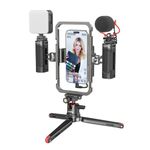 SmallRig Universal Phone Video Rig Kit for iPhone, Smartphone and Cameras, Phone Stabilizer Rig w/Tripod Microphone LED Light Side Handle Power Bank Holderm, for Vlogging & Live Streaming - 3384C