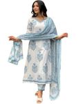 Nermosa Block Printed Kurta set for Women with Dupatta (IN, Alpha, M, White)