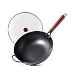 Kordisen 32cm Carbon Steel Wok with Lid, Flat Bottom Stir Fry Pan for Asian Cooking, Naturally Nonstick Wok for Induction, Gas, Electric & Hobs, Large Capacity for 3–6 People