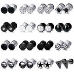 JeryWe 9-16Pairs Earrings Studs for Men Women Stainless Steel Round Silver Black Stud Earrings Fake Plug Stud Ears Screw Barbell Ear Plugs Faux Gauges Ear Tunnel 8MM