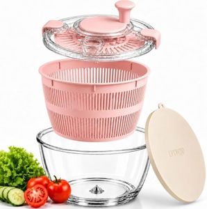 High Borosilicate Glass Salad Spinner with Microwave Safe Bowl | 5.2 Quart Large Lettuce Vegetable Washer Dryer | Easy Pump Dehydrator for Fruits Greens | Durable Easy Clean Food Prep Tool (Pink)