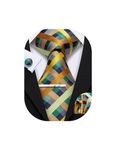 Mens Green Plaid Check Silk Tie Set Necktie with Hanky and Cufflinks Business Wedding