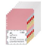 Ziffs Office® [5 Pack] A4 File Dividers 10 Part & 50 Poly Pockets - 180 GSM - Folder Dividers A4 - Binder Dividers A4 - A4 Subject Dividers Card Dividers - British Brand