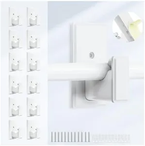 TKZTKZ No Drill Curtain Rod Brackets:Self Adhesive Curtain Rod Holders for Rod 5/8"No Screw,Heavy Duty Easy Curtain Rod Bracket No Drilling,No Damage Wall Renter Friendly Curtain Rod Hooks White,12PCS