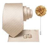 Hi-Tie Classic Mens Tie Flower Lapel Pin Set Silk Woven Necktie Pocket Square Cufflinks Red Pink Gold Blue Wedding Tie,Champagne A