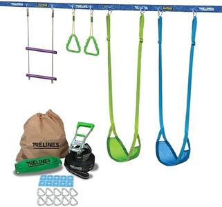 Trelines Swingset Gymnastics Kit 36 ft - Slackline Swing Set for Backyard, Monkey Bars & Gymnastics Line - 2 Swings, Double Trapeze bar, 2 Gym Rings - Outdoor Playset for Kids - Ages 3+ Holds 500 lbs.