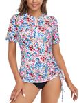 Luranee Rash Guard for Women Plus Size, Short Sleeve Rash Guard Cap Sleeve Bathing Suit Zipper Swimsuit Workout Quick Dry T-Shirt Sun Protection Swim Top Floral Multicolor 2XL