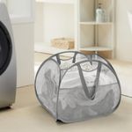 TECHMILLY Collapsible Mesh Pop Up Laundry Hamper with Strong Handles, Large Opening Clothes Hamper with Side Pockets, Storage Baskets for Dorm, Laundry Room, Bathroom or Travel (Grey, 90L)