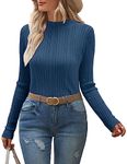 OUGES Women's 2024 Lightweight Stretchy Long Sleeve Shirt Pullover Cable Knit Mock Turtleneck Fall Sweater(Ocean Blue,S)