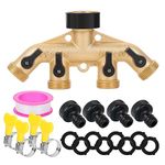 RoseFlower Heavy Duty Garden Hose Splitter 4 Way, 3/4" Solid Brass Hose Tap Connector - Garden Irrigation Kit Outdoor Water Distributor Faucet Outlet Adapter with Individual On-Off Valve Rubber Washer