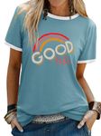 Dresswel Women Good Vibes T-Shirt Rainbow Graphic Print Tee Shirts Summer Tops