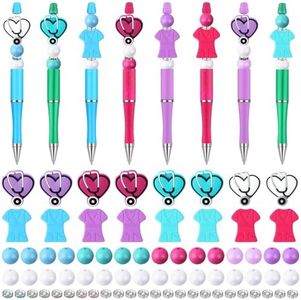Colarr 16 Pcs Nurse's Day Beadable Pen Plastic Ballpoint Pens with 72 Pcs Multicolor Beads Assorted Spacer Beads Nurse Gown Stethoscope DIY Craft Kits Gel Ink Bead Pen for Kids Women Office Supplies