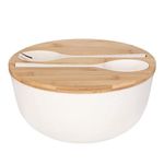 XUEJUN Salad Bowl with Servers Set - Large 9.8 inches Mixing Bowls Solid Bamboo Salad Wooden Bowl with Bamboo Lid Spoon for Fruits,Salads and Decoration (White, 9.8INCH)