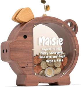 Summidate Wooden Piggy Bank for Boys Girls Kids Toddler Adults Large Unbreakable Bills Coin Change Money Saving Jar Children Personalized Present Nursery Decor
