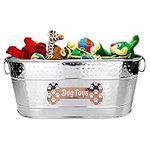 Metal Indestructible Dog Toy Bin - Steel Dog Basket for Toys with Handles, Pet Toy Basket, Oval for Blankets, Leashes, & Toys for Aggressive Chewers - Pawprint Design Home Decor (Silver)