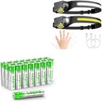 Lepro Bundle - AAA Batteries 24 Pack & LED Headlamp Rechargeable - Super Bright Head lamp with Motion Sensor 2 Packs