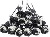 Laelfe 12 PCS Halloween Black Roses Flowers Fake Long Stem Artificial Silk Roses for Home Wedding Bathroom Kitchen Decorations (Black+White)