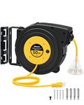 WILAWELS Retractable Extension Cord Reel, 50 FT (15.24M) Heavy Duty Power Cord, 14AWG/3C SJTOW, 3 Grounded Outlets Lighted Triple Tap, 13 Amp Circuit Breaker, UL Listed, Yellow Y50CR06