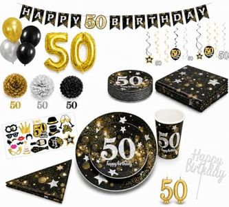 Serves 30 | Ultimate 50th Party Pack | Happy 50th Birthday | 9" Dinner Paper Plates | 7" Dessert Paper Plates | 12 oz Cups | 3 Ply Lunch & Beverage Napkins | Swirls | Cake Topper | Numerical Candle