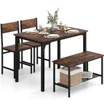 COSTWAY Dining Table and 2 Chair Set with 1 Bench, 4 Pieces Industrial Gathering Bench Set with Storage Rack, Metal Frame Dining Room Furniture for Home Kitchen Restaurant (Rustic Brown)