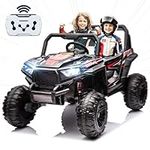 24V 2 Seater Ride on Car for Kids, 4 Wheel Drive Truck with Leather Seat and Remote Control, 24V Battery Powered Off-Road UTV Toy with LED Lights, Music, High and Low Speed, Spring Suspension, Black