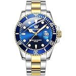 OLEVS Mens Watch Gold Silver Stainless Steel Men's Wrist Watches Big Face Classic Blue Rotating Bezel Watches for Men Two Tone Waterproof Luminous Dress Watches for Men Reloj para Hombre