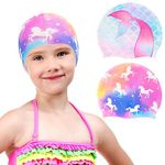 2 Pack Kids Swimming Caps Silicone Girls Swimming Caps Waterproof Bathing Caps Lightweight Swimming Hats for Girls Bathing Swim Caps for Long and Short Hair