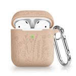 Newseego Flower Carving Case Compatible with Airpods 1st & 2nd Generation Cover, Cute Pattern Soft Silicone [Front LED Visible] Shockproof Protective Airpods 1/2 Case with Carabiner - Khaki