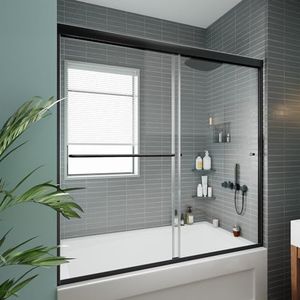 ExBrite Bathtub Shower Door,56-60" W x 58" H Frameless Sliding Shower Door,6mm Thick Clear Tempered Glass Bathtub Door,Black Fnish,Tub Shower Door Can Be Installed Left Or Right